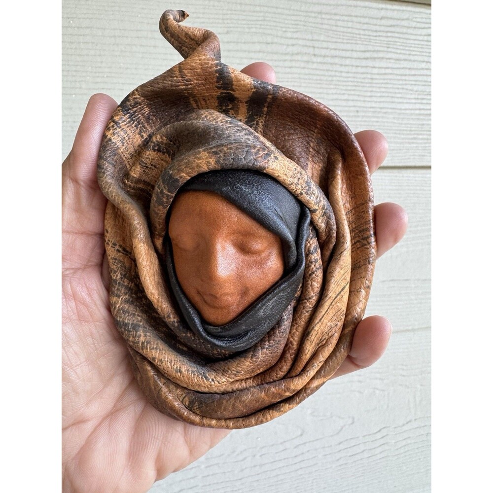 Leather Molded Face Sculpture Hand Tooled Mask Hanging Wall Art by Emi 2008